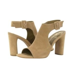 Vince Camuto Crebellan Sandals 8 Tan Suede Block Heel Asymmetrical Boho Chic